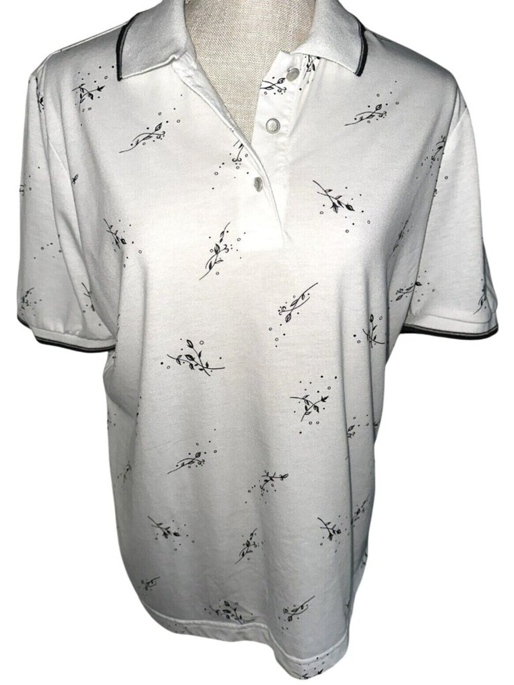 Lilys Of Beverly Hills White Polo Shirt With Delicate Black Floral Print L